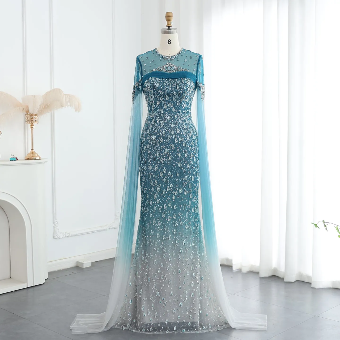 Luxury Turquoise Crystal Evening Dresses with Cape Sleeves SS206
