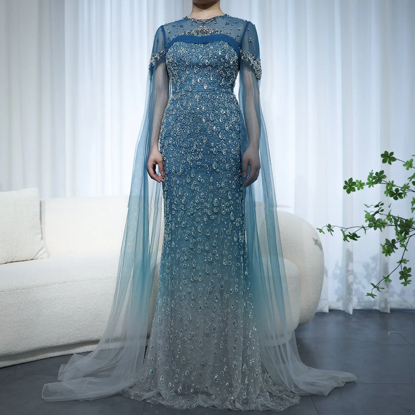 Luxury Turquoise Crystal Evening Dresses with Cape Sleeves SS206