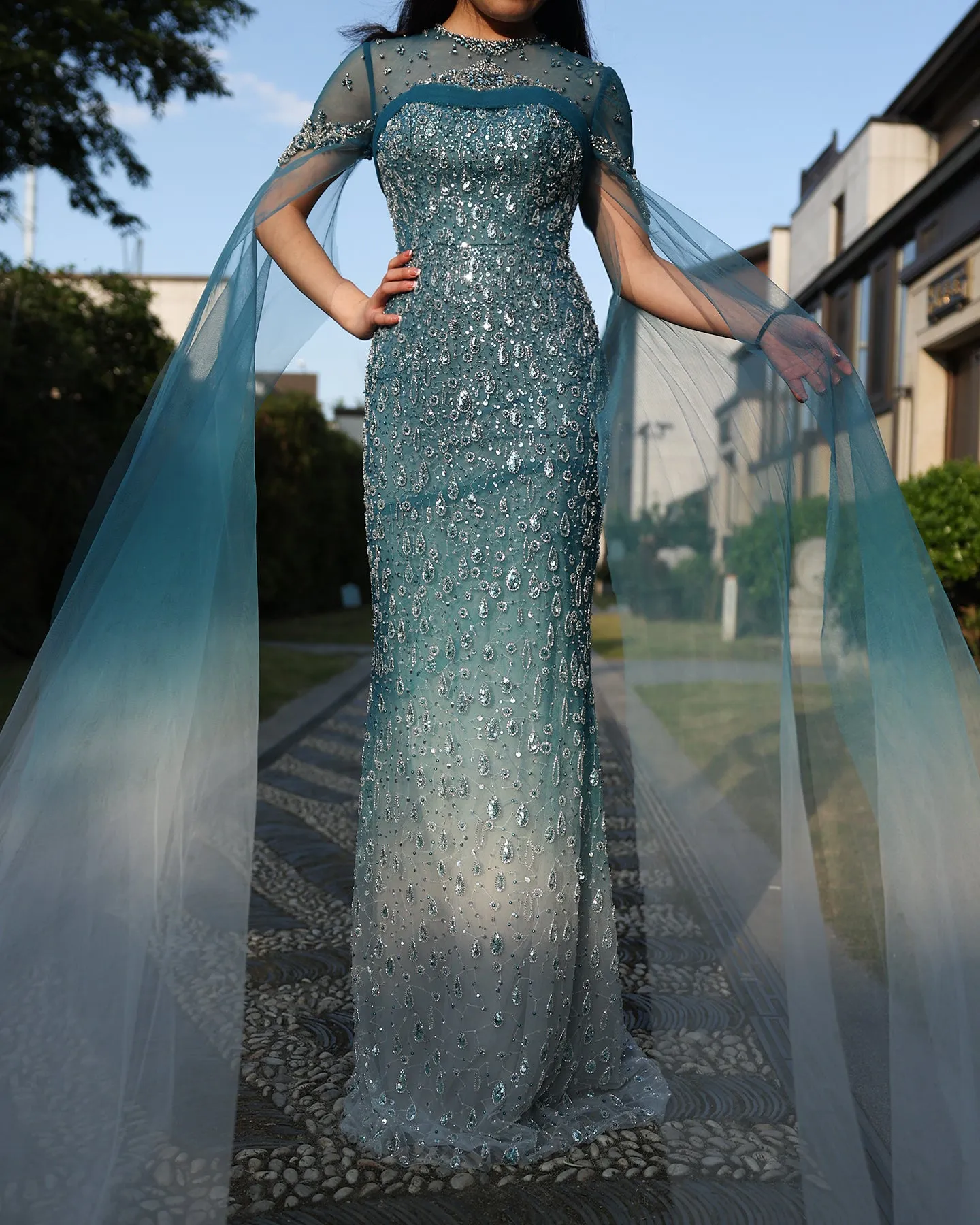 Luxury Turquoise Crystal Evening Dresses with Cape Sleeves SS206
