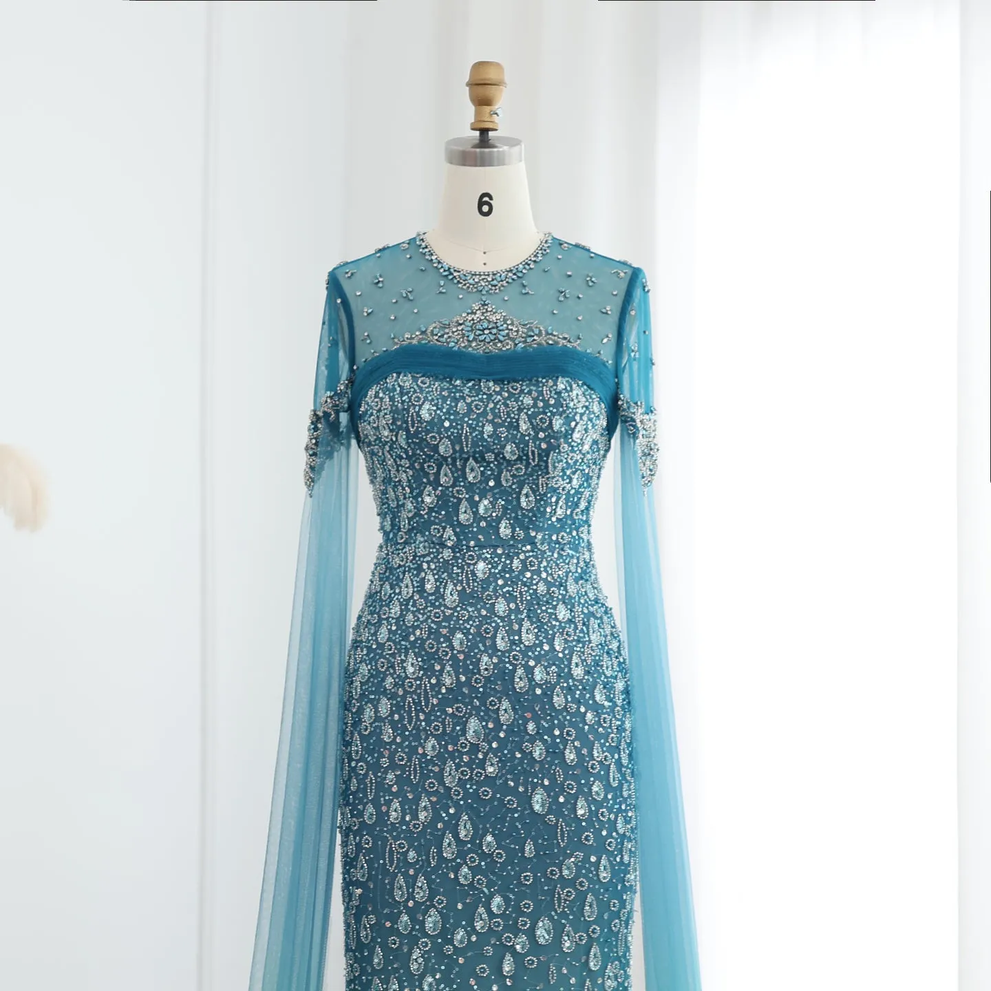 Luxury Turquoise Crystal Evening Dresses with Cape Sleeves SS206