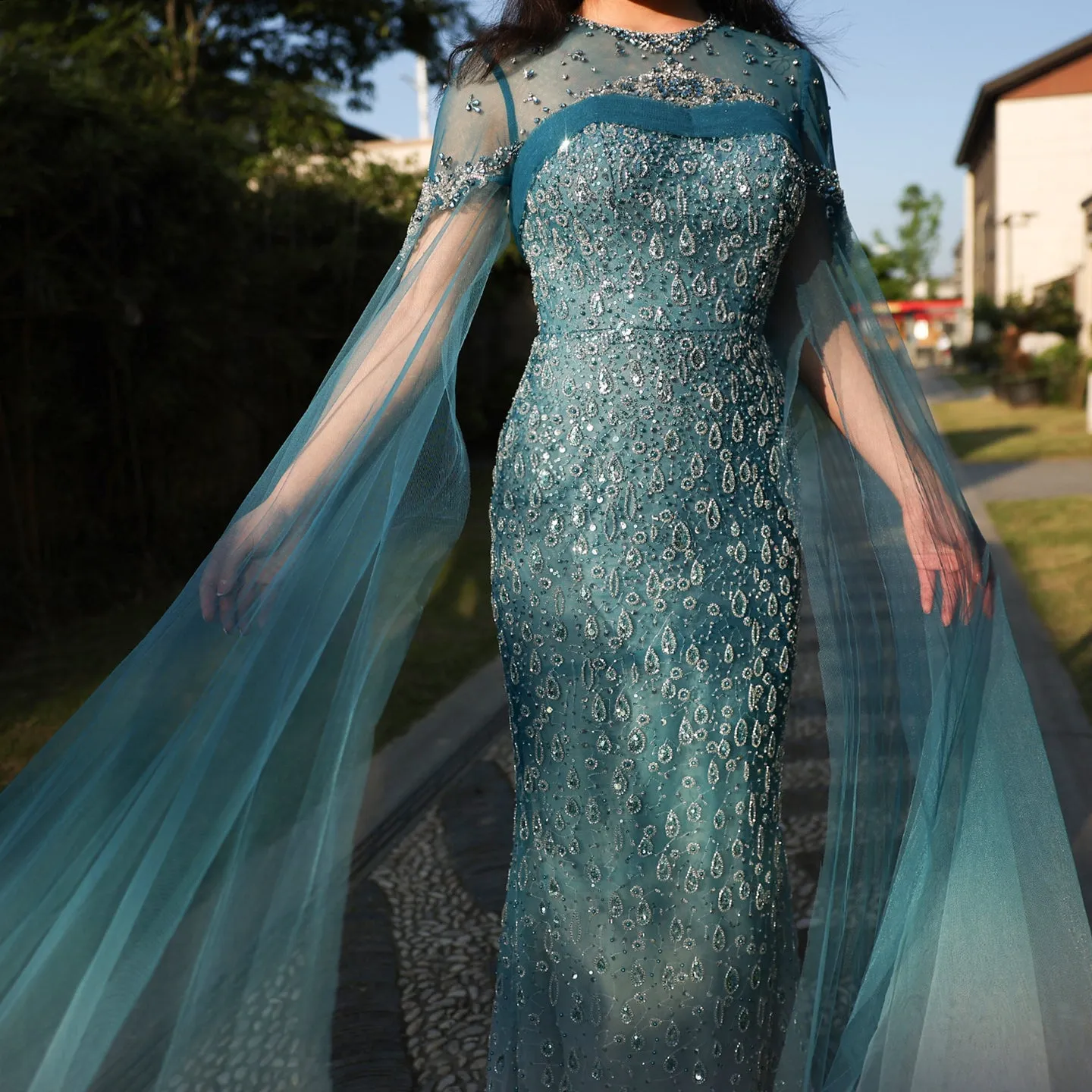 Luxury Turquoise Crystal Evening Dresses with Cape Sleeves SS206