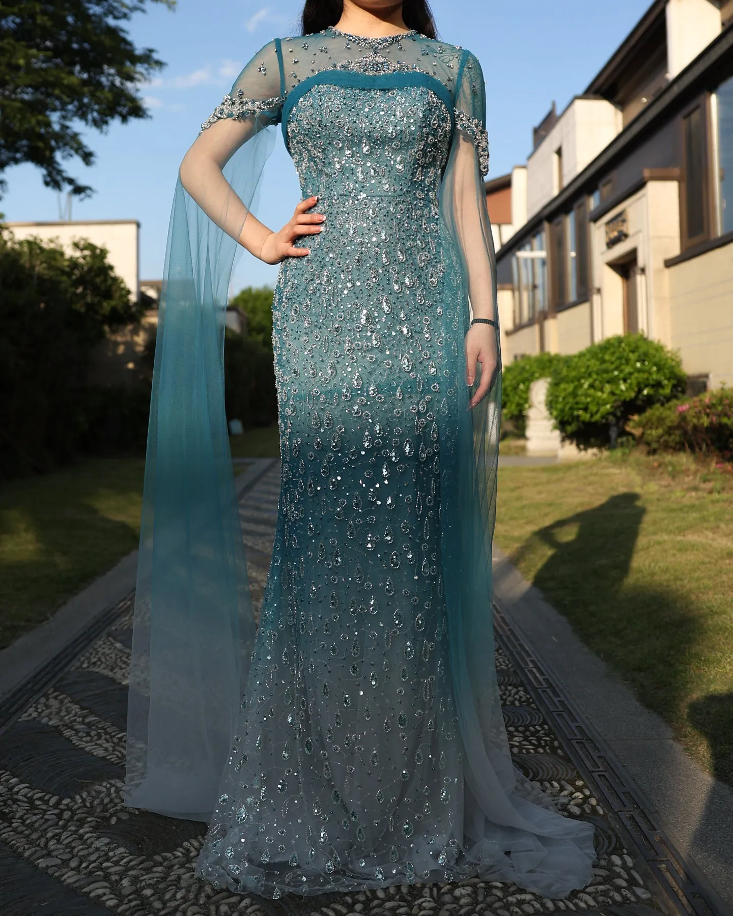 Luxury Turquoise Crystal Evening Dresses with Cape Sleeves SS206