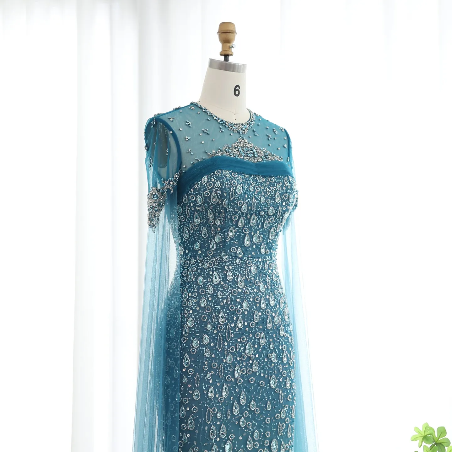 Luxury Turquoise Crystal Evening Dresses with Cape Sleeves SS206