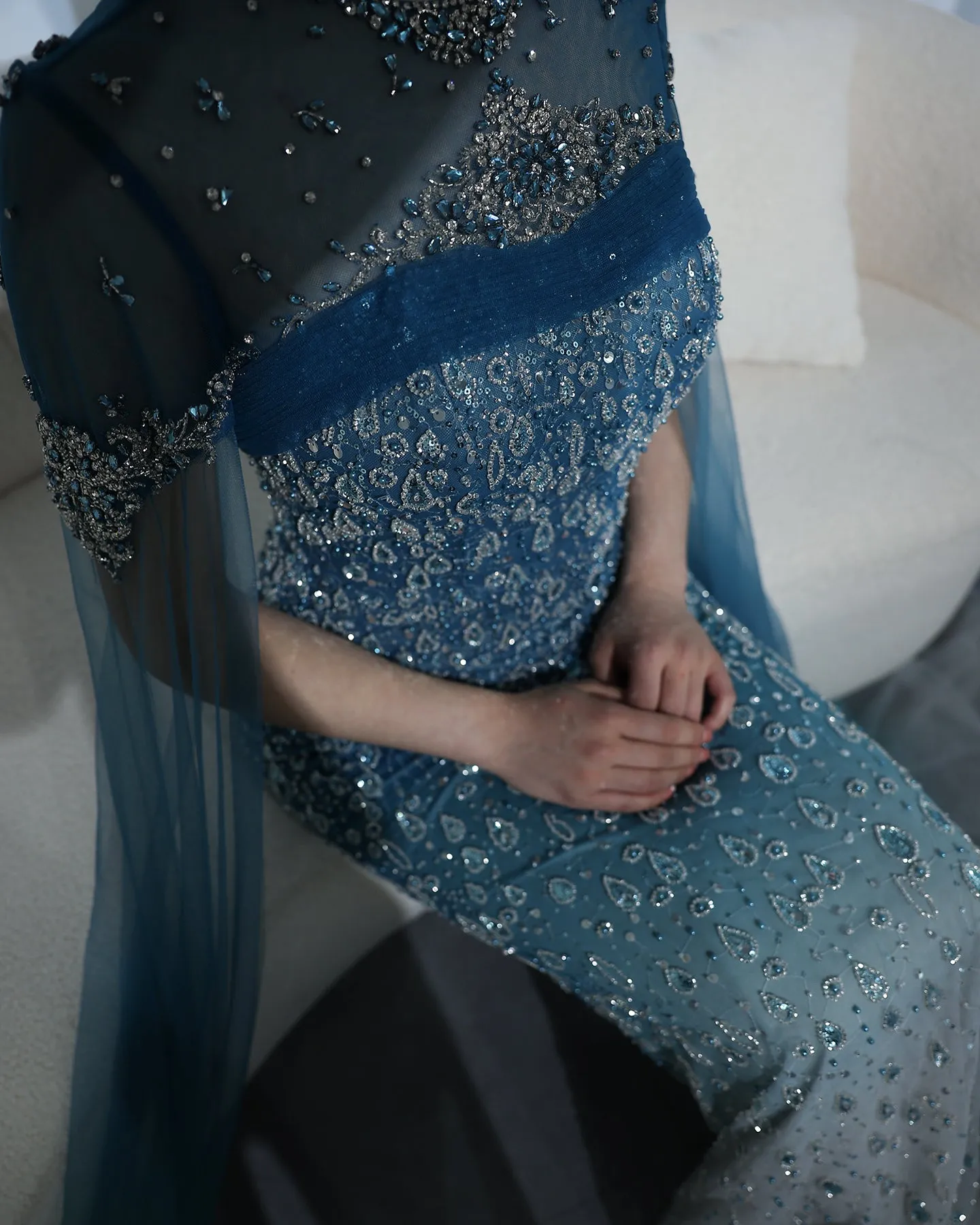 Luxury Turquoise Crystal Evening Dresses with Cape Sleeves SS206