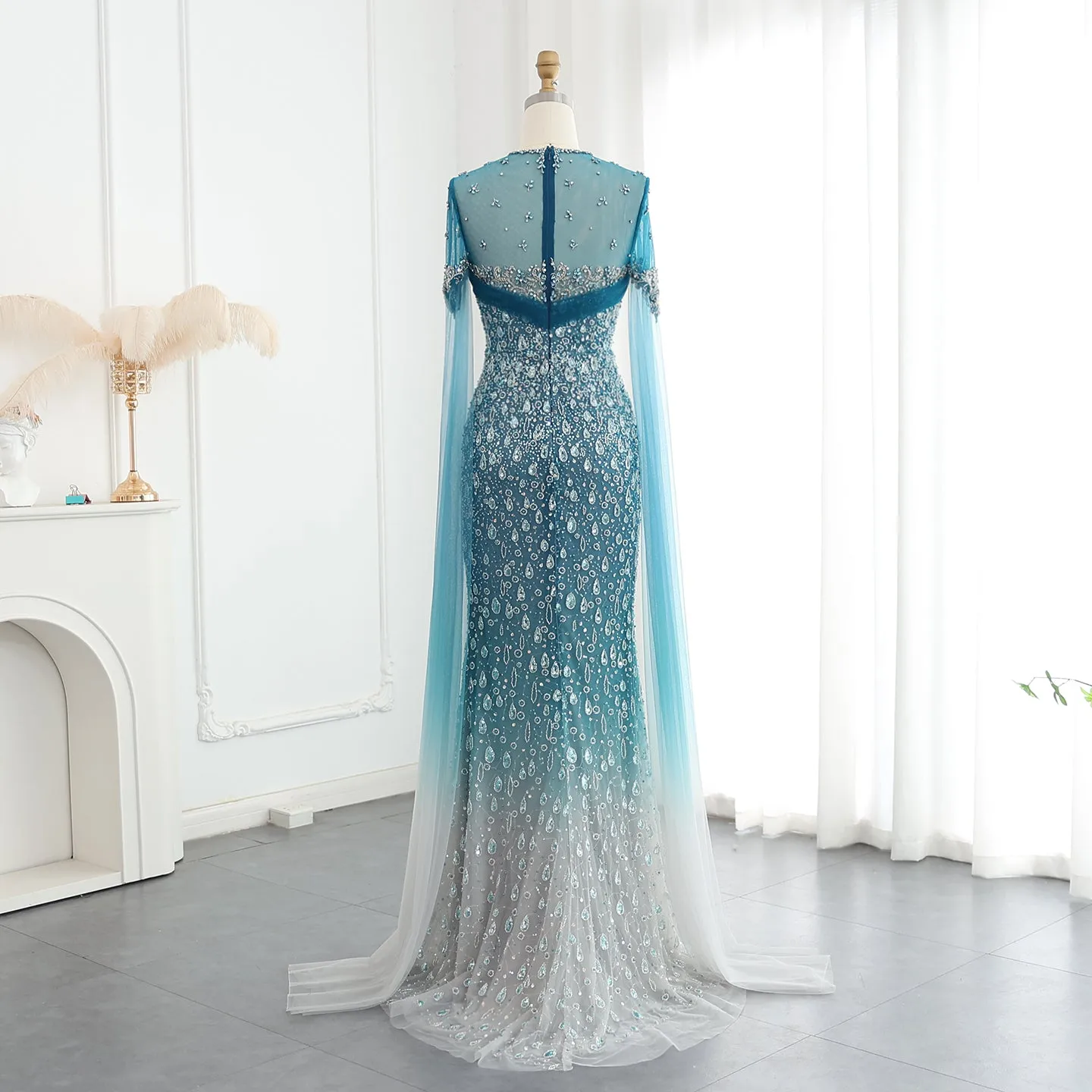 Luxury Turquoise Crystal Evening Dresses with Cape Sleeves SS206