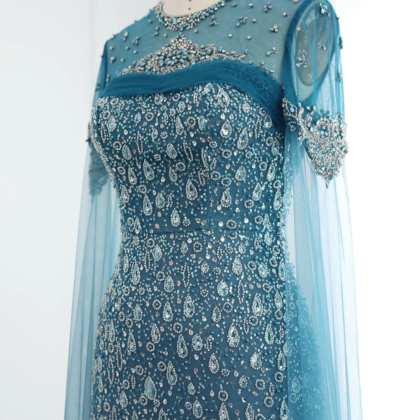 Luxury Turquoise Crystal Evening Dresses with Cape Sleeves SS206
