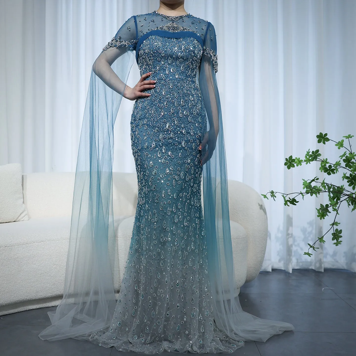 Luxury Turquoise Crystal Evening Dresses with Cape Sleeves SS206