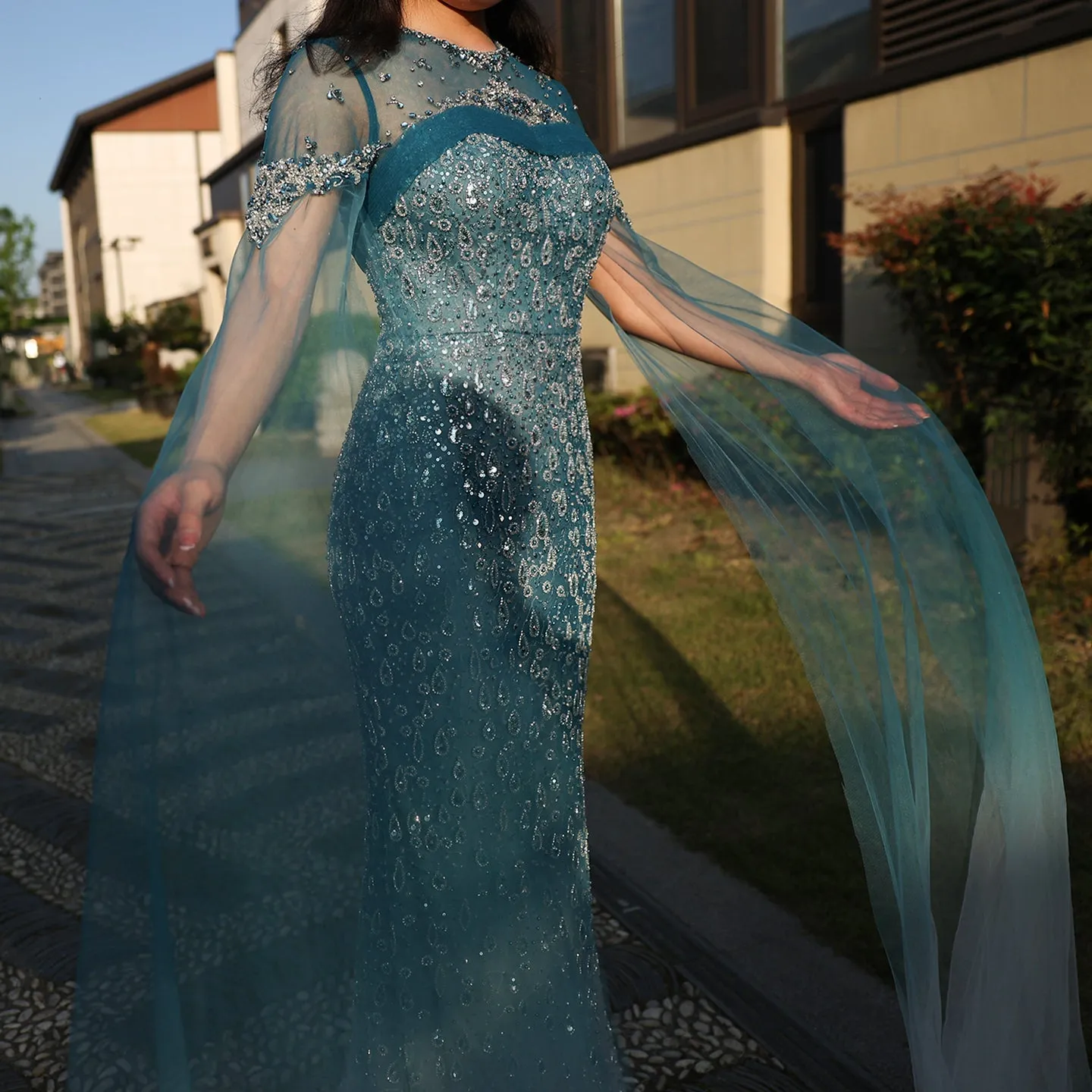 Luxury Turquoise Crystal Evening Dresses with Cape Sleeves SS206