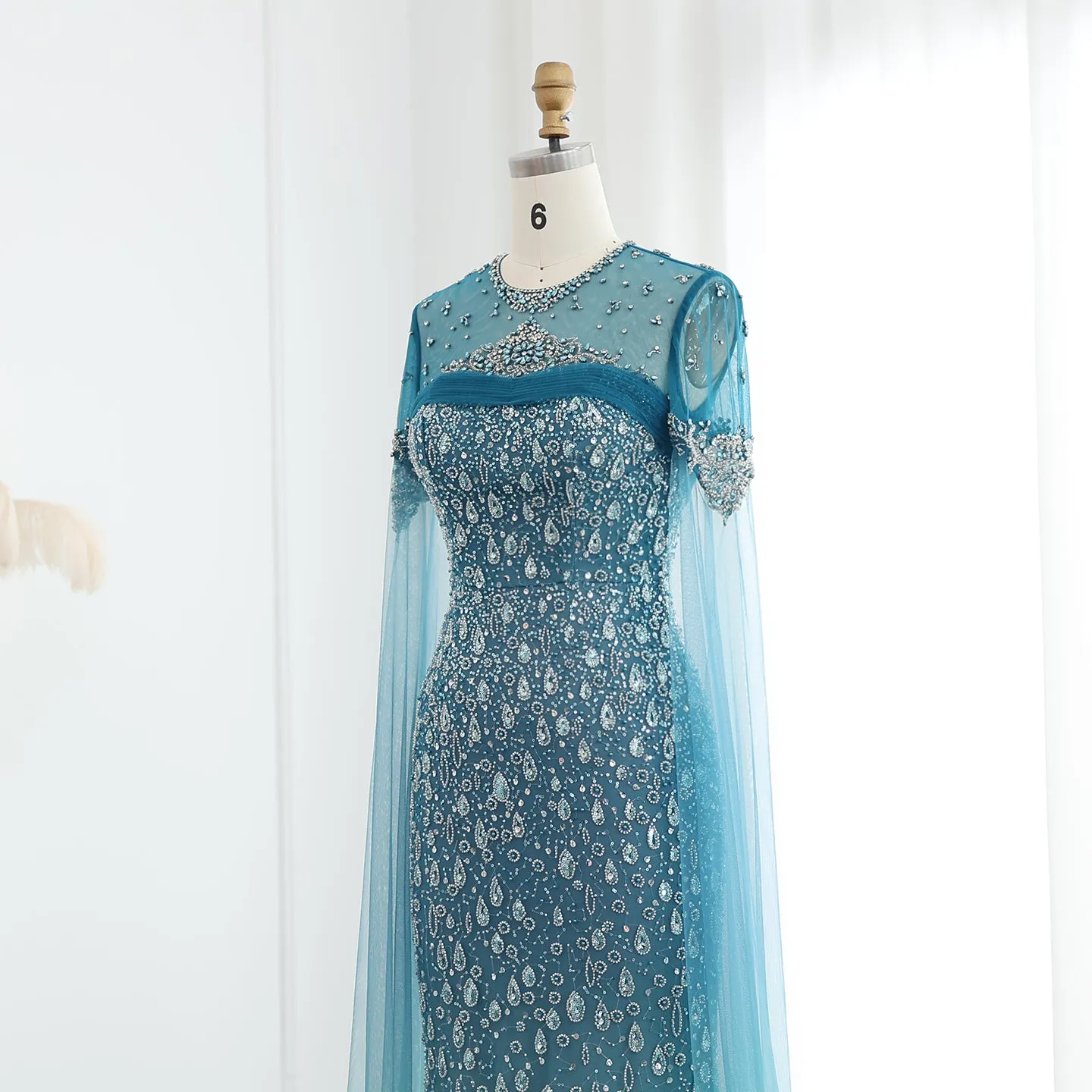 Luxury Turquoise Crystal Evening Dresses with Cape Sleeves SS206
