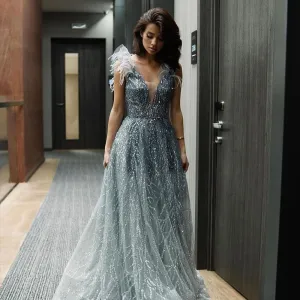 Luxury V-Neck Beaded Blue Feathers Evening Dress SS335