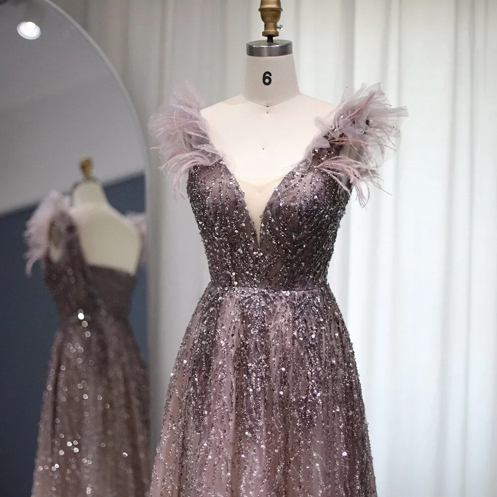 Luxury V-Neck Beaded Blue Feathers Evening Dress SS335