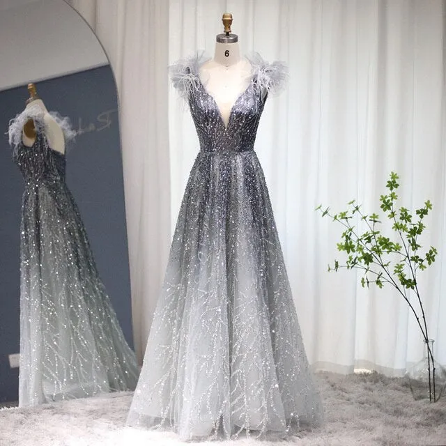 Luxury V-Neck Beaded Blue Feathers Evening Dress SS335