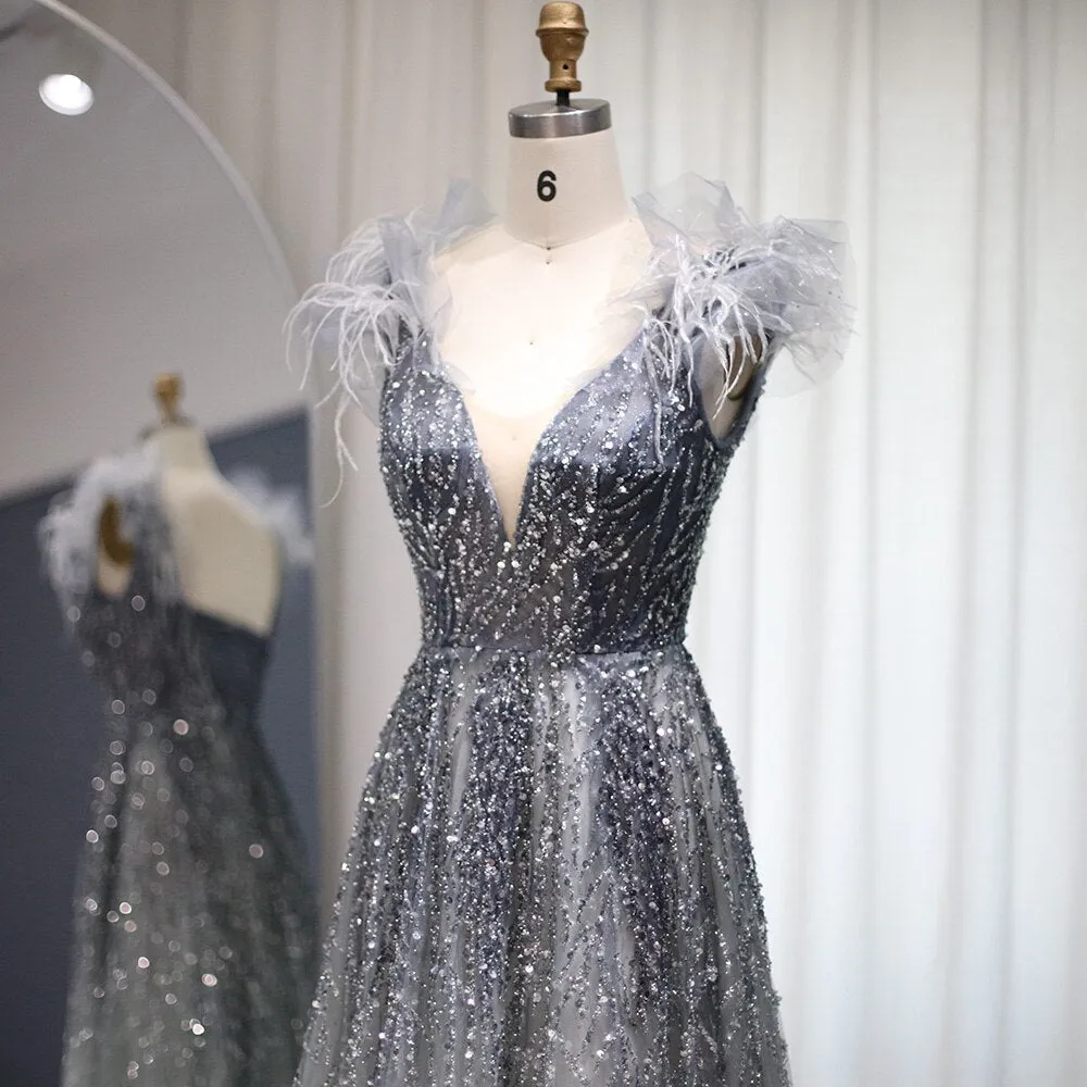 Luxury V-Neck Beaded Blue Feathers Evening Dress SS335