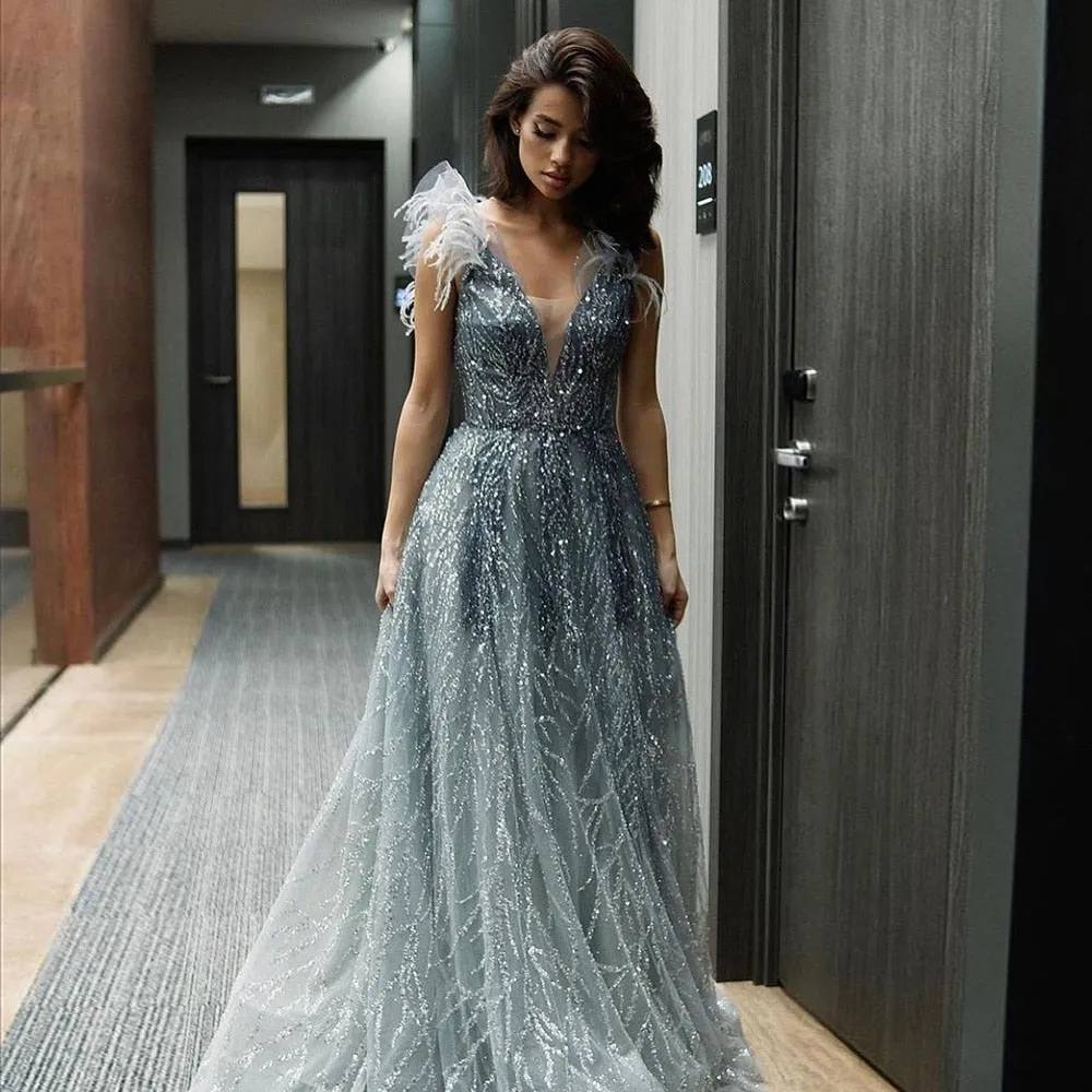 Luxury V-Neck Beaded Blue Feathers Evening Dress SS335