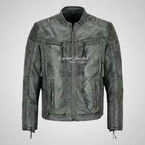 Maxim Mens Vintage Biker Leather Jacket Grey Waxed