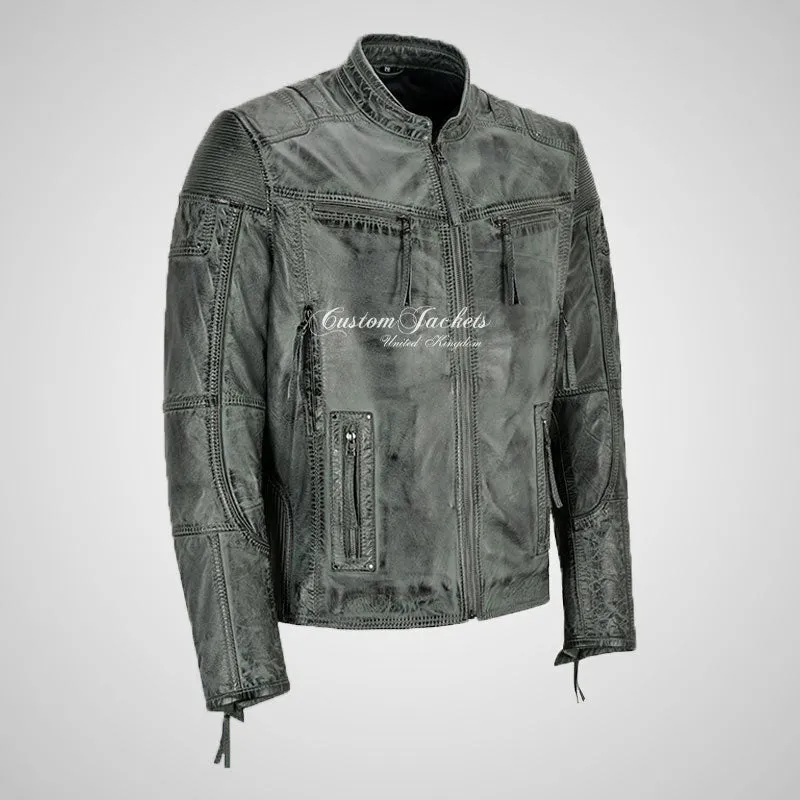 Maxim Mens Vintage Biker Leather Jacket Grey Waxed