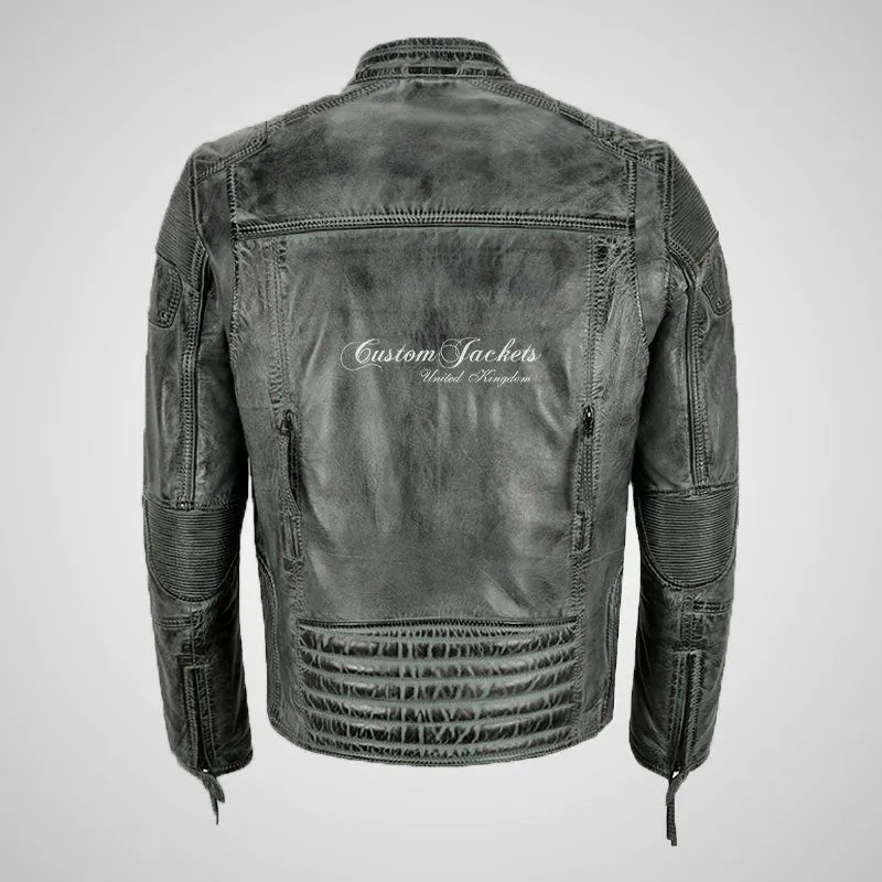 Maxim Mens Vintage Biker Leather Jacket Grey Waxed