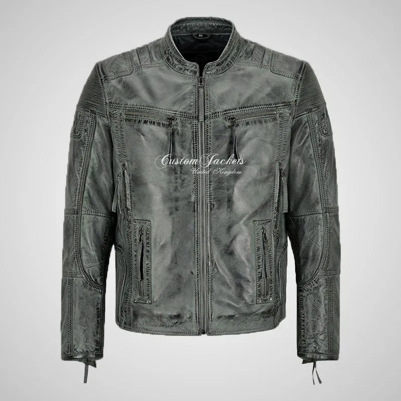 Maxim Mens Vintage Biker Leather Jacket Grey Waxed