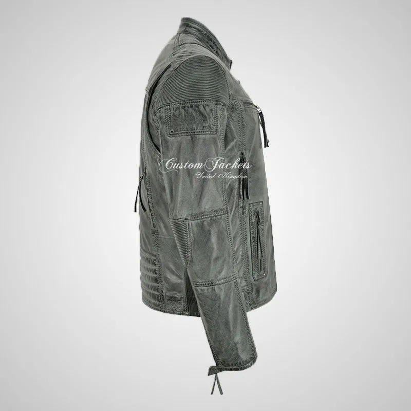 Maxim Mens Vintage Biker Leather Jacket Grey Waxed