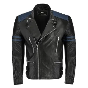 Men's Classic Black & Blue Cafe Racer Leather Jacket