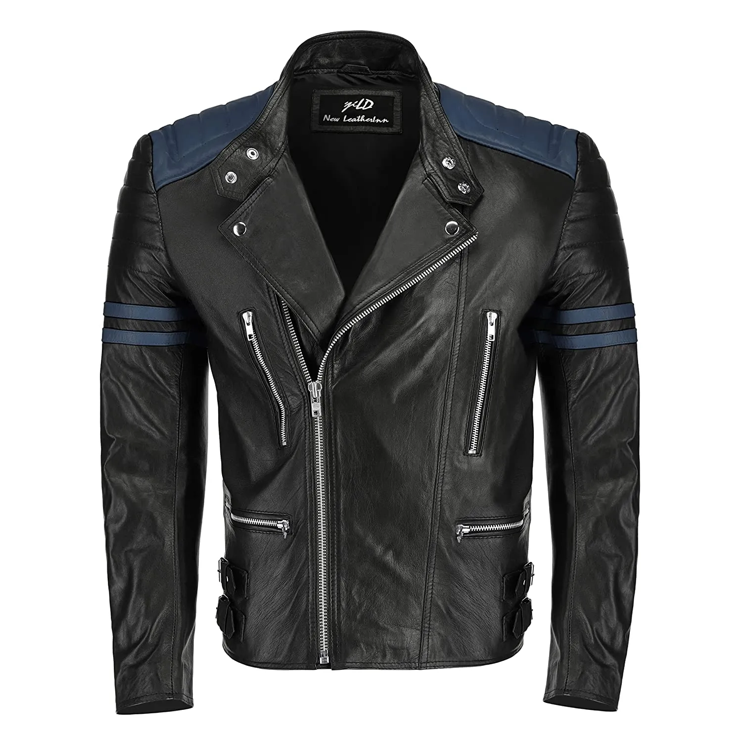 Men's Classic Black & Blue Cafe Racer Leather Jacket