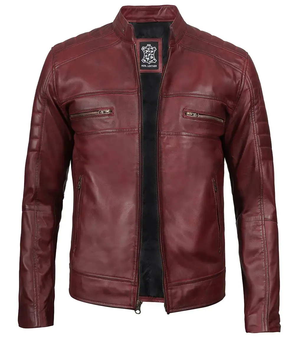 Mens Maroon Cafe Racer Leather Jacket