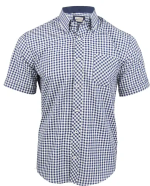 Mens Shirt By Xact Short Sleeve Gingham Check Button Down Collar Slim Fit (Navy)