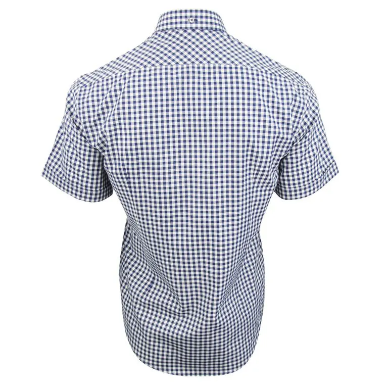 Mens Shirt By Xact Short Sleeve Gingham Check Button Down Collar Slim Fit (Navy)
