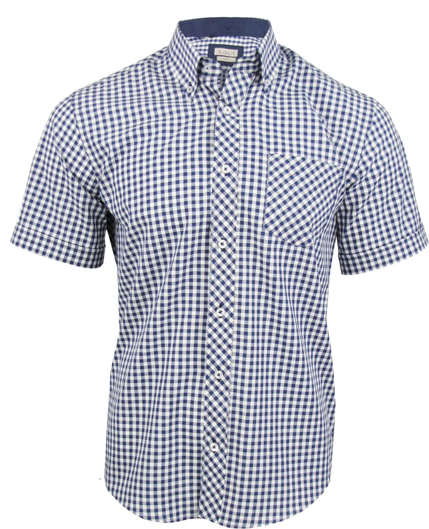 Mens Shirt By Xact Short Sleeve Gingham Check Button Down Collar Slim Fit (Navy)