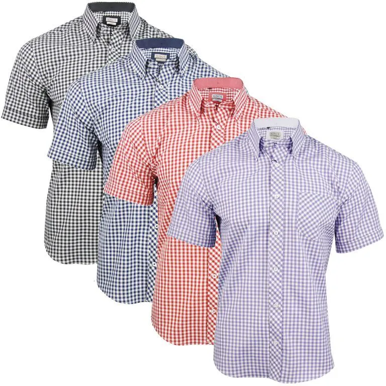 Mens Shirt By Xact Short Sleeve Gingham Check Button Down Collar Slim Fit (Navy)