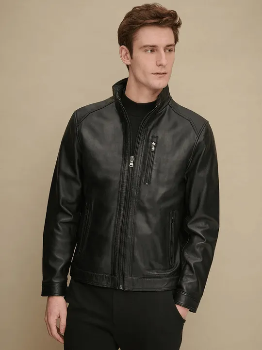 Men's Stand Collar Style Black Glossy Leather Jacket by TJS
