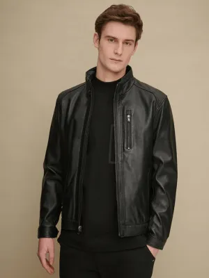 Men's Stand Collar Style Black Glossy Leather Jacket by TJS