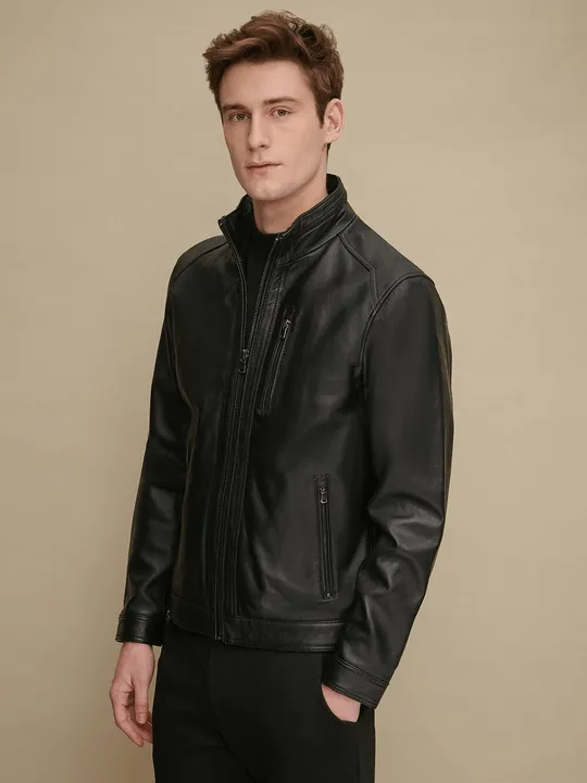 Men's Stand Collar Style Black Glossy Leather Jacket by TJS