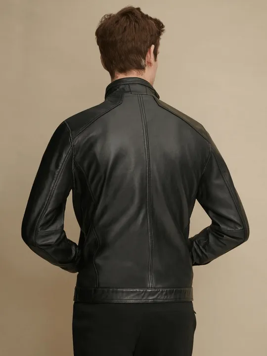 Men's Stand Collar Style Black Glossy Leather Jacket by TJS