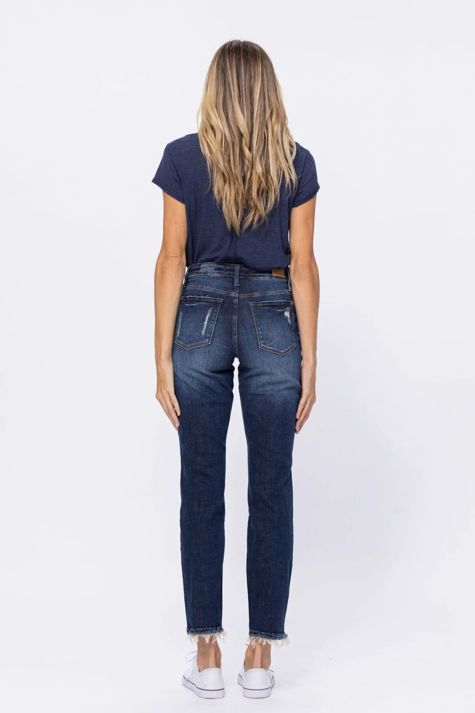 Mid Rise Destroyed Boyfriend Jeans - Dark Denim