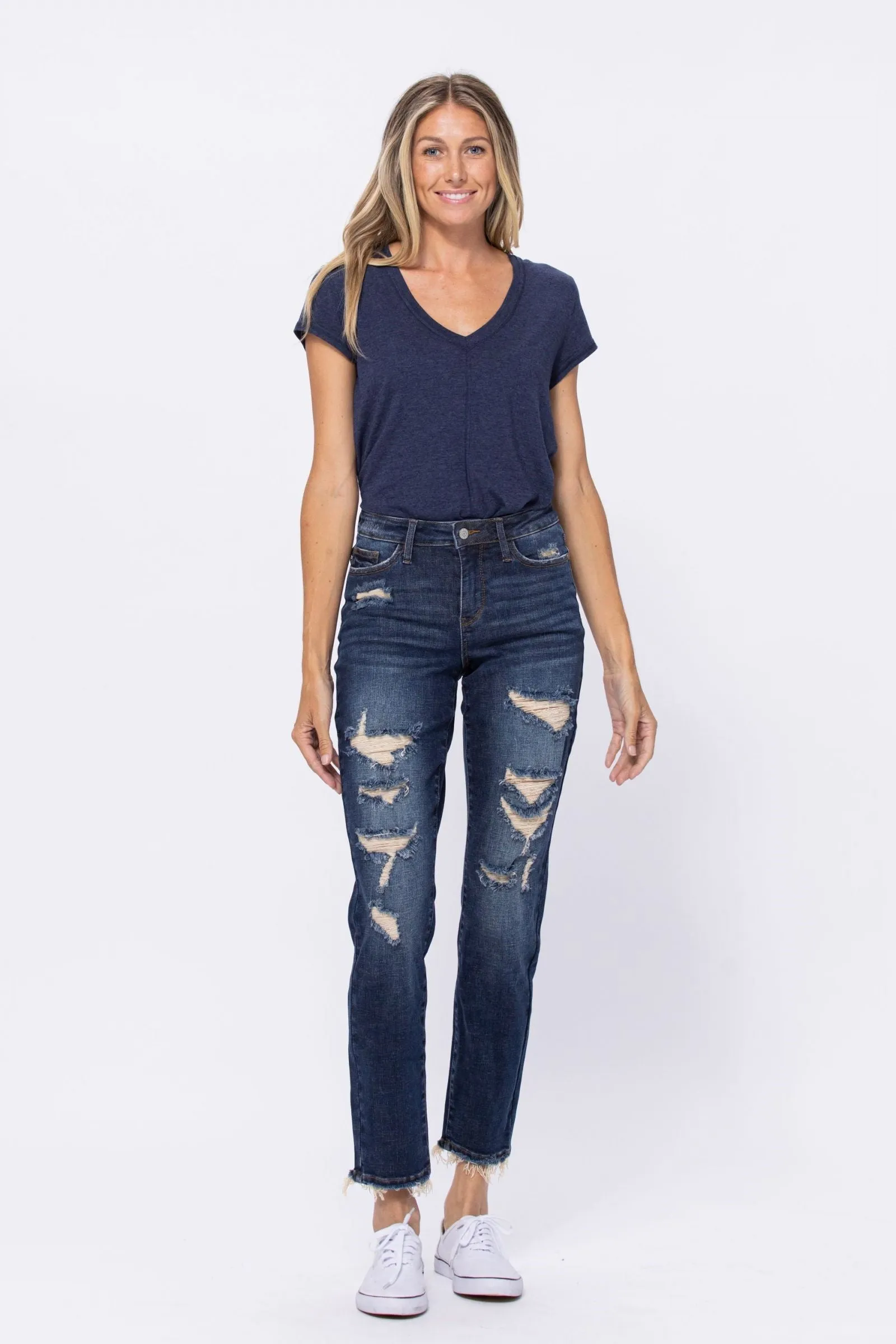 Mid Rise Destroyed Boyfriend Jeans - Dark Denim
