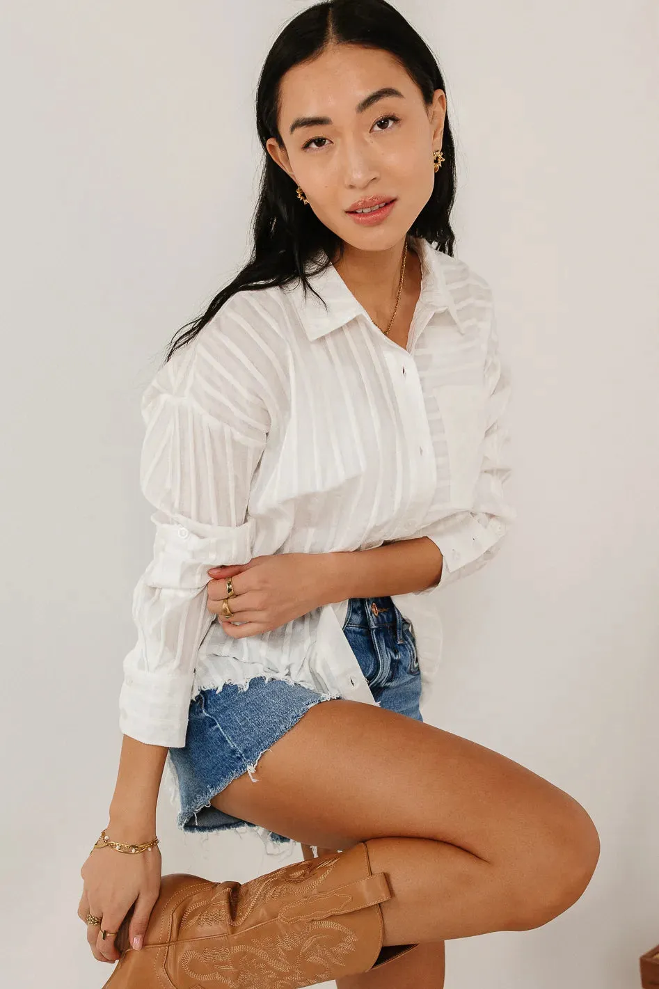 Nyah Striped Button Up in White