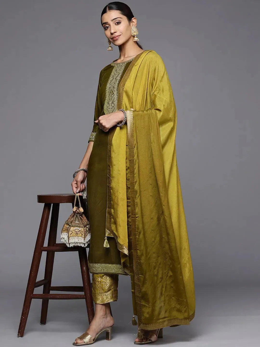 Olive Yoke Design Velvet Straight Kurta With Dupatta