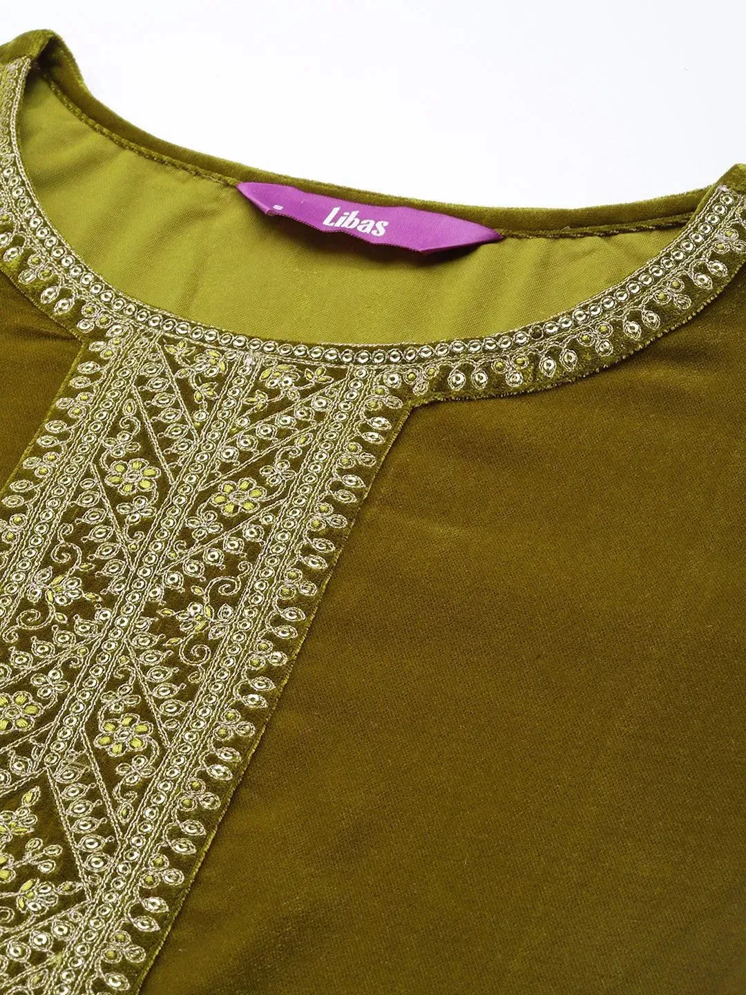 Olive Yoke Design Velvet Straight Kurta With Dupatta