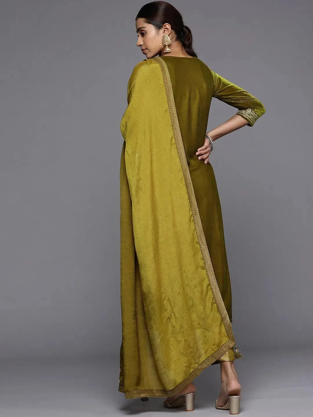 Olive Yoke Design Velvet Straight Kurta With Dupatta
