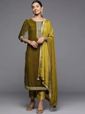 Olive Yoke Design Velvet Straight Kurta With Dupatta