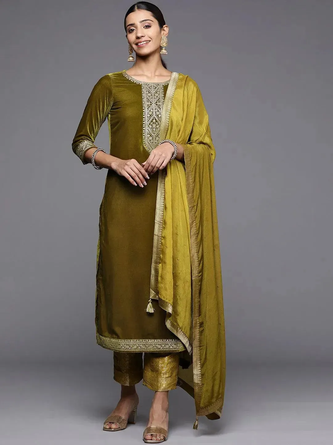 Olive Yoke Design Velvet Straight Kurta With Dupatta