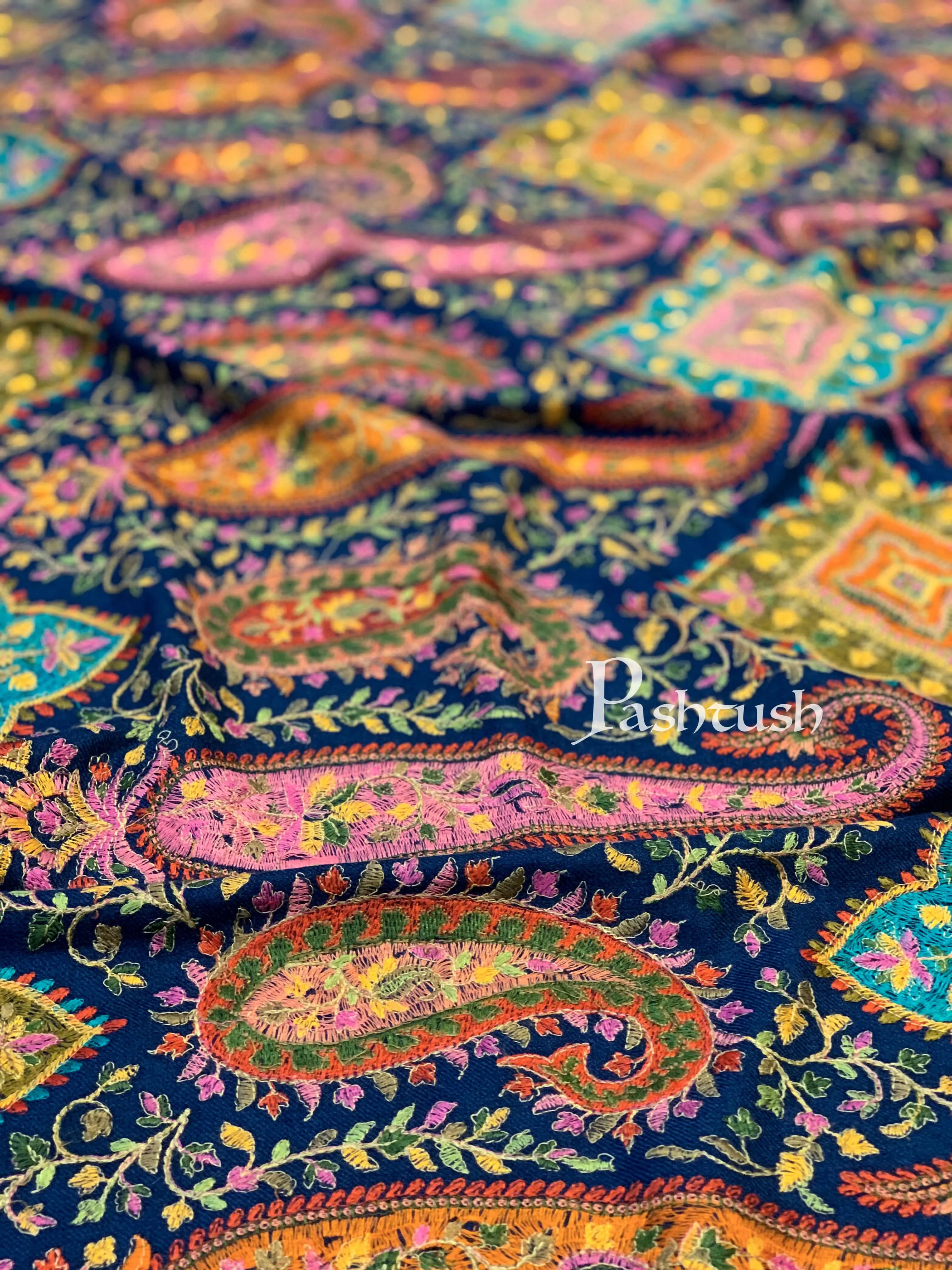 Pashtush Womens Papier-MâChé Embroidered Shawl, Fine Wool With Silky Embroidery, Navy Blue