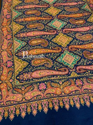 Pashtush Womens Papier-MâChé Embroidered Shawl, Fine Wool With Silky Embroidery, Navy Blue