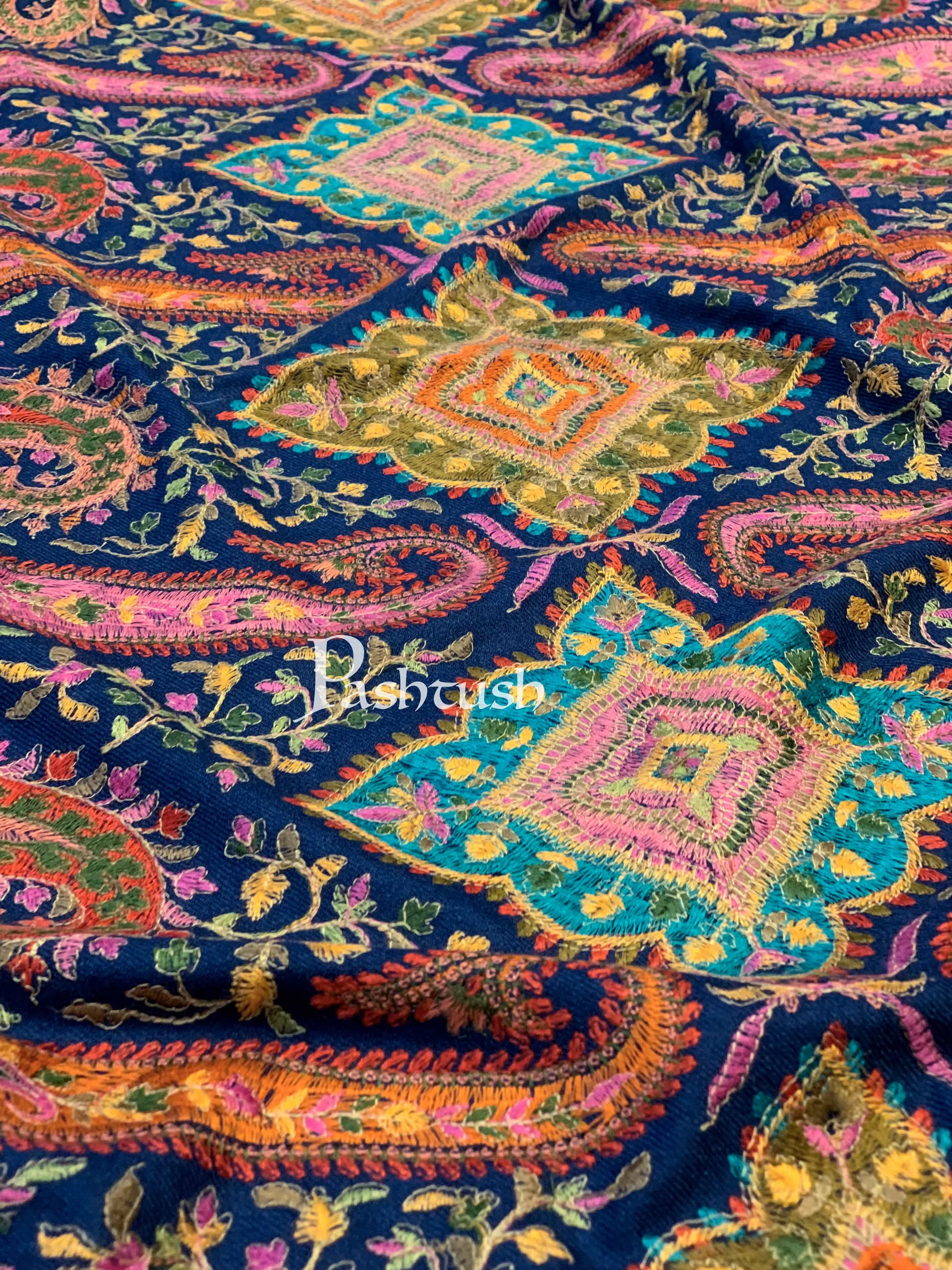 Pashtush Womens Papier-MâChé Embroidered Shawl, Fine Wool With Silky Embroidery, Navy Blue