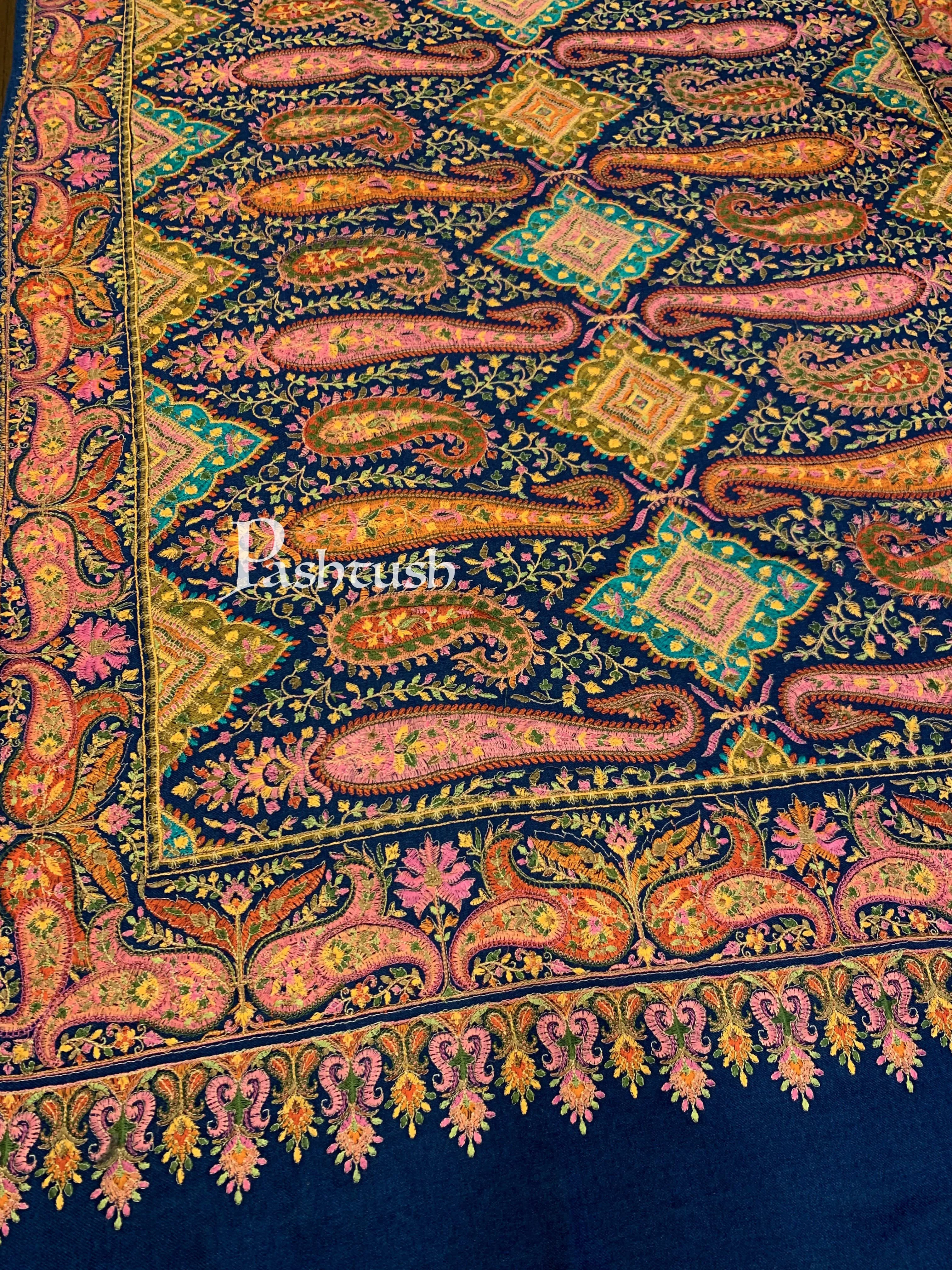 Pashtush Womens Papier-MâChé Embroidered Shawl, Fine Wool With Silky Embroidery, Navy Blue