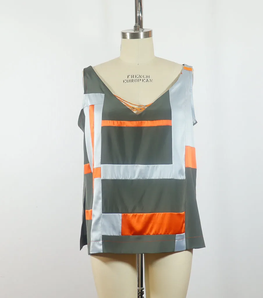 Patchwork Stretch Silk Camisole Grey with Orange Patches Large