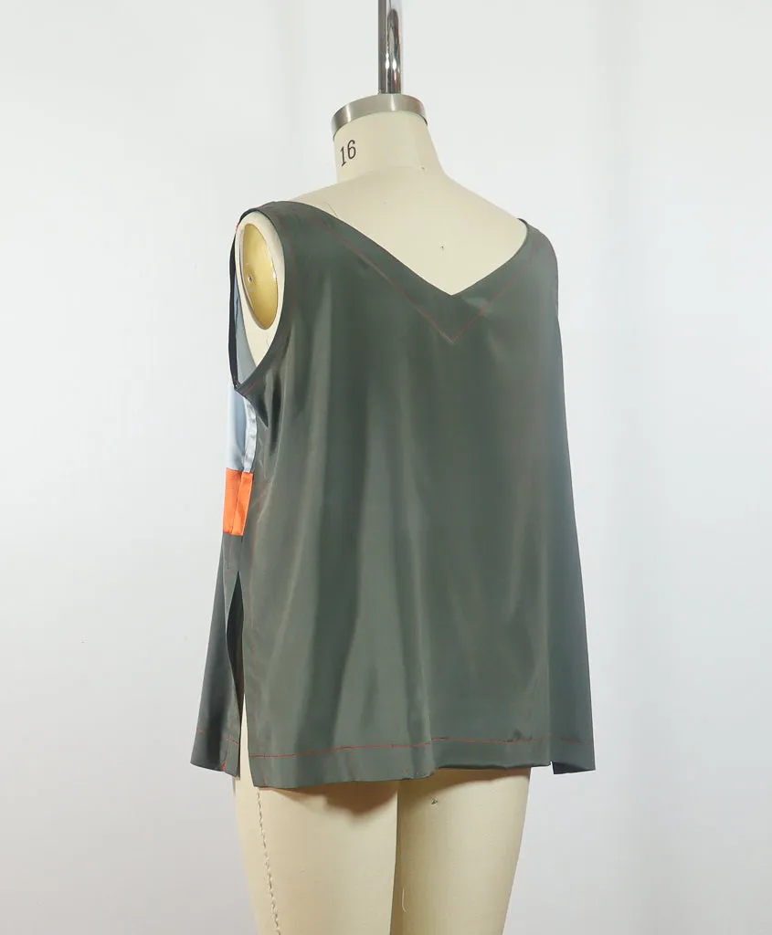 Patchwork Stretch Silk Camisole Grey with Orange Patches Large