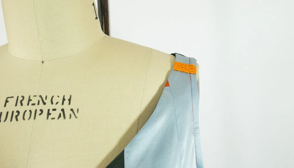 Patchwork Stretch Silk Camisole Grey with Orange Patches Large