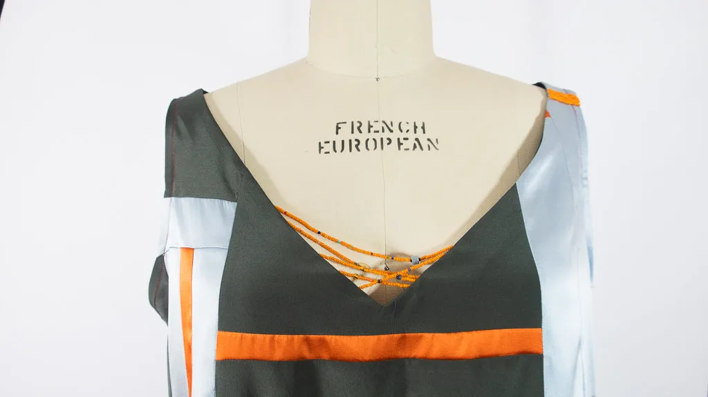 Patchwork Stretch Silk Camisole Grey with Orange Patches Large